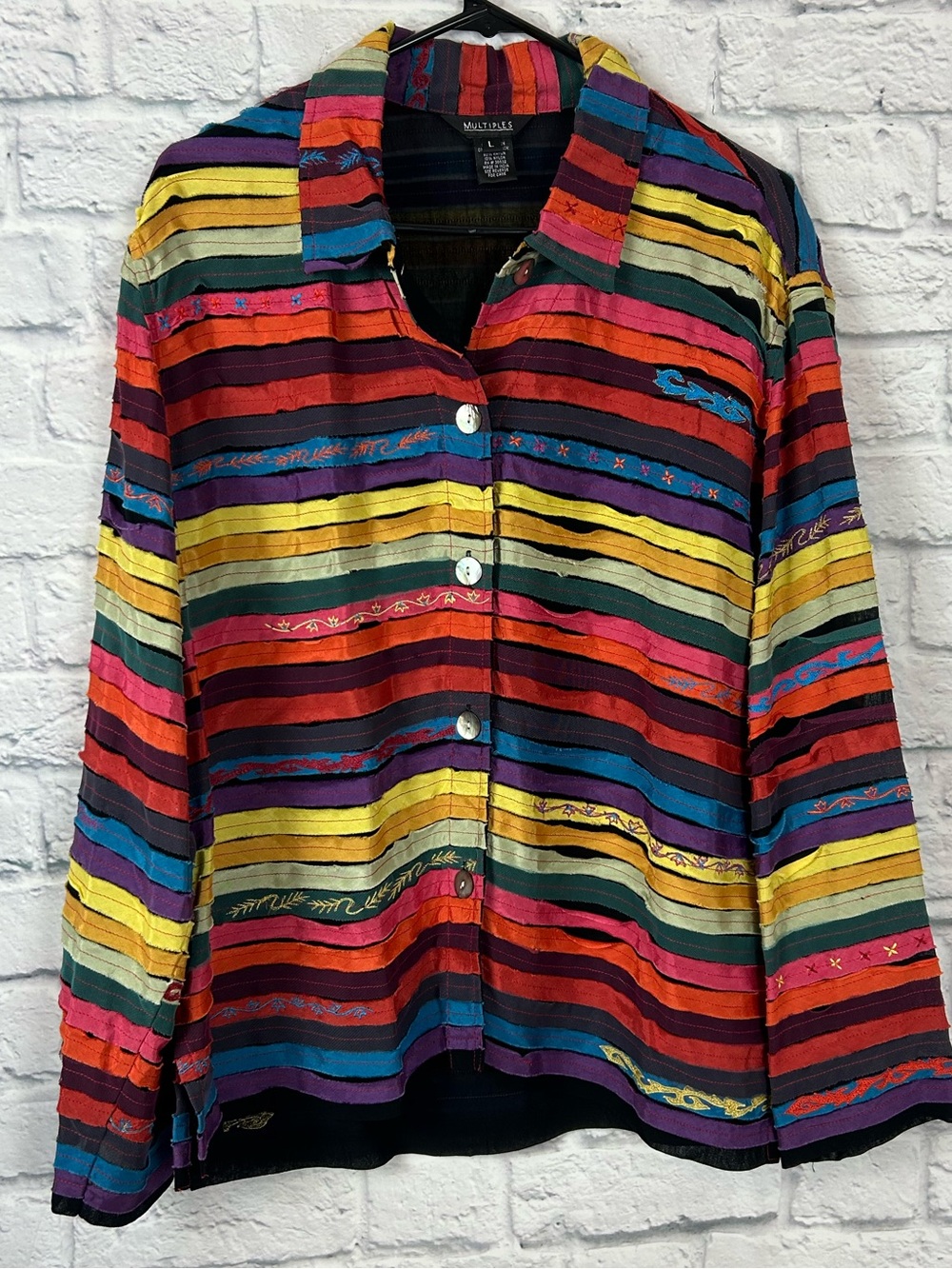 Multiples Women’s Large Multicolor Stripe Embroidered Button Front Artsy Top